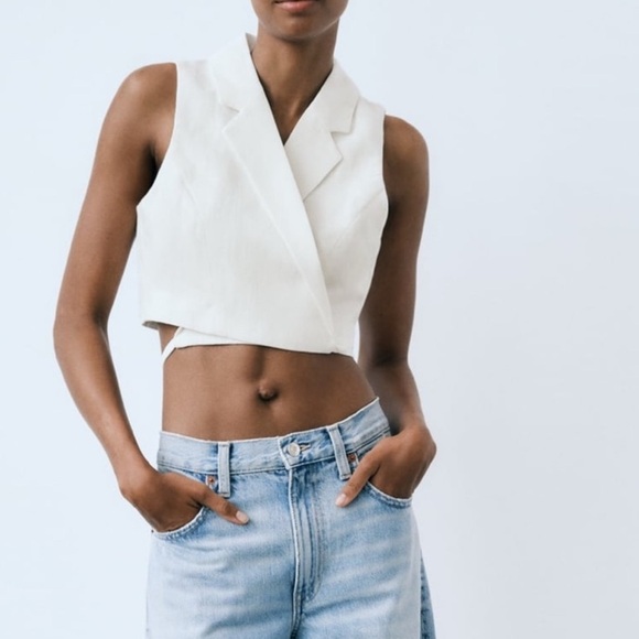Zara white Tailored linen blend wraparound vest cropped size medium - Picture 3 of 7